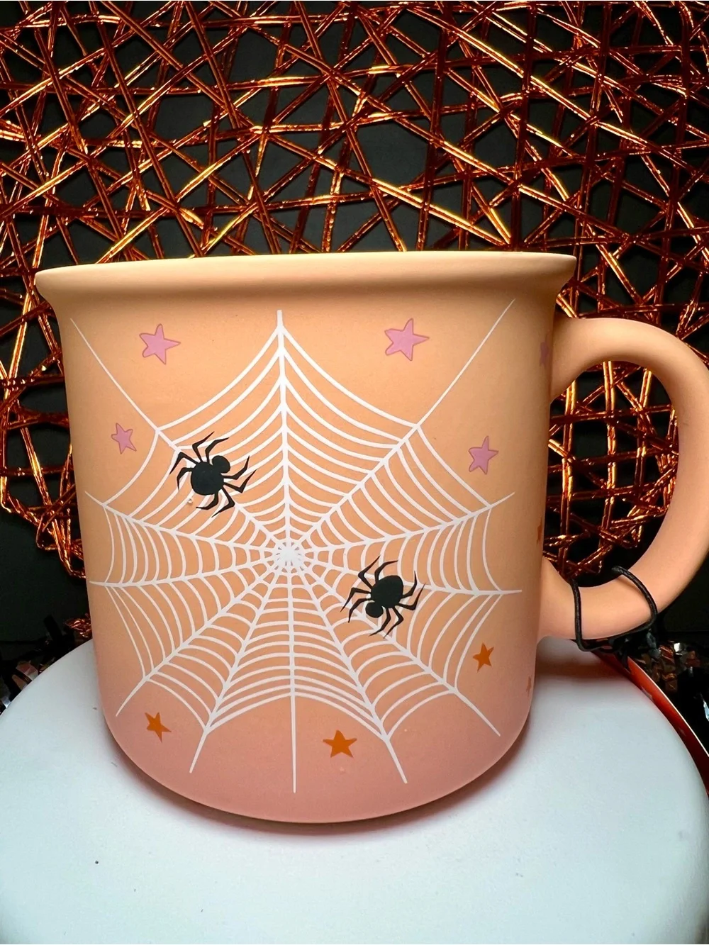 Halloween Light Orange Spiderweb Mug with Black Spiders Ombré Stars Stoneware